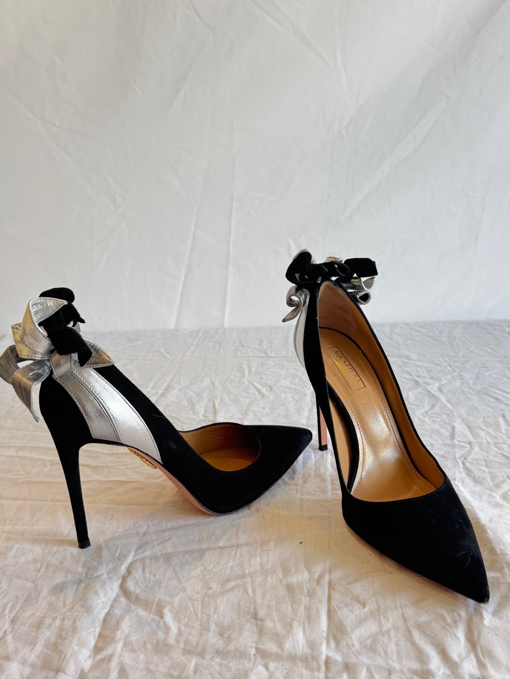 Aquazzura Black and Silver Bow Accent Leather & Suede Pointed Toe Pumps